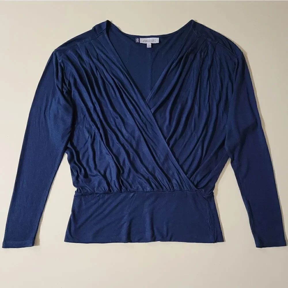 Jennifer Lopez Blue Surplice Crossover Front V-neckline Blouse